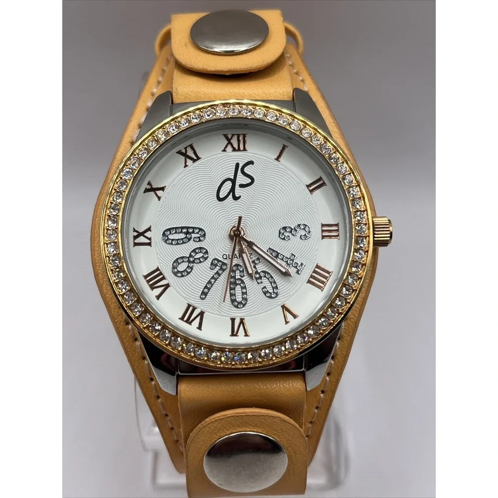 Ds Women's Quartz Watch Orange Bund Strap Rhinestone Bezel- New Battery